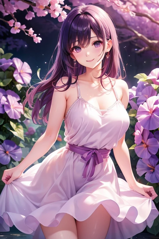 best quality,4k,8k,highres,masterpiece:1.2)Beautiful naked girl, purple dress light purple eyes, Brown hair, sitting, pink brasiere, pink panties, touching her pussy, naked tits