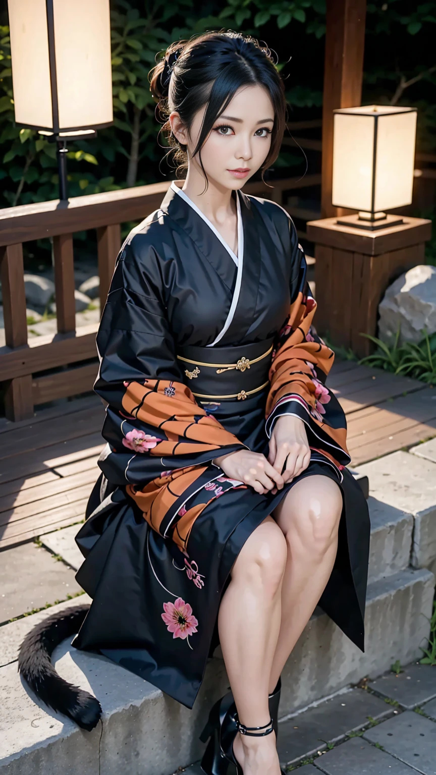 photorealistic, high resolution, 1women, mature female, solo, hips up, black hair, emma \(sekiro\), japanese clothes, kimono, single hair bun, haori, mature female