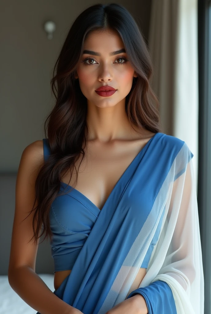 ((Best quality, 8k, Masterpiece :1.3)), 1girl, Beautiful woman with a slim stomach that accentuates :1.3, (black wavy hairstyle, Big breasts :1.2), Casual clothes :1.2, sexy summer clothes, In the room, very detailed face, detailed eyes, double eyelids, stunning smile, seductive pose