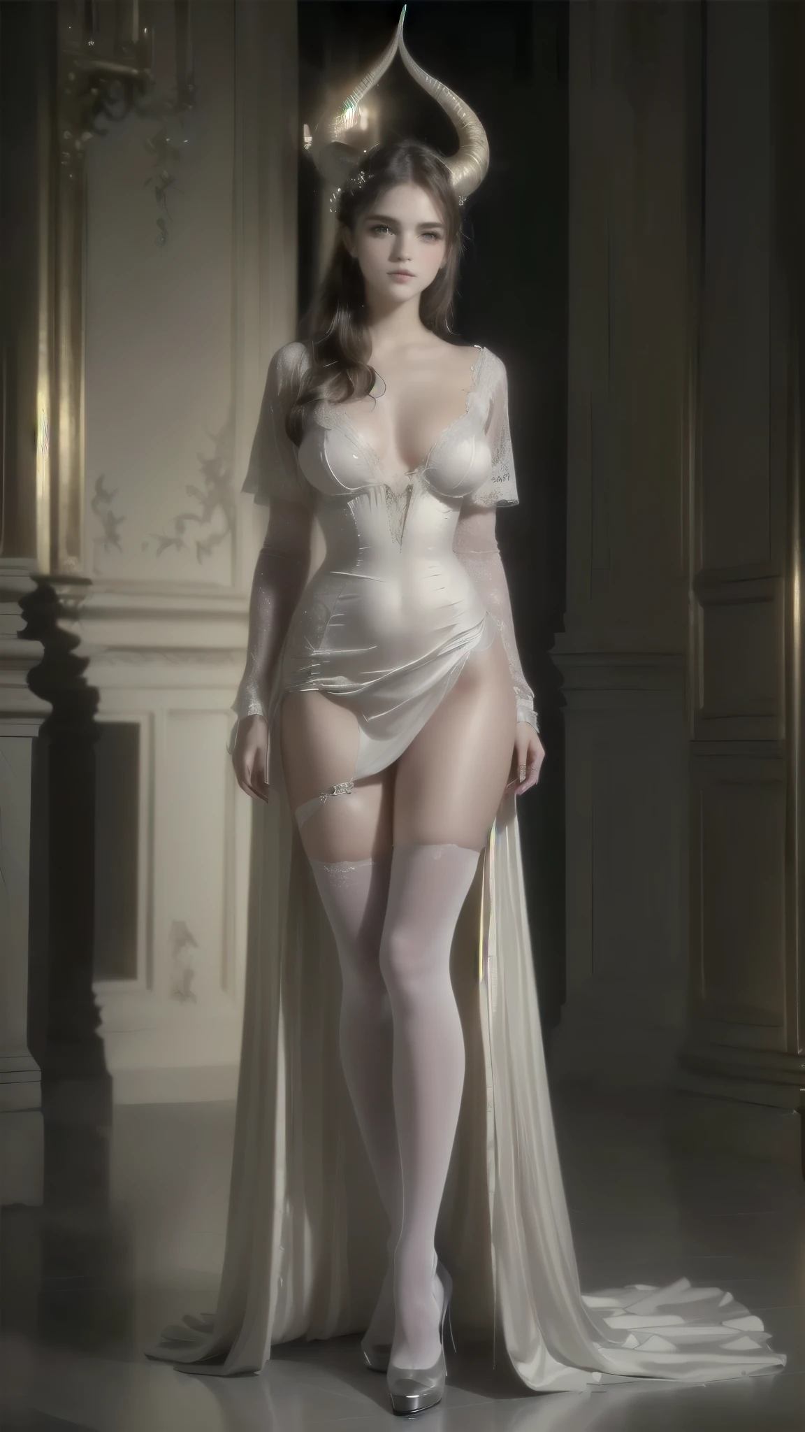 uma mulher em um vestido e chapéu posando para uma foto, vestido rococó, intricate vestido vitoriano, rainha rococó, vestido barroco histórico, victorian inspired clothing, vestido vitoriano, Vestido de babados rococo, vestido real branco, em vestido de aristocrata vitoriano, Vestido no estilo rococó, baroque dress, vestido branco antigo, moda rococó, vestido georgiano, Standing seductive pose，one piece body lingerie, legs, a lot of dark jewelry：1 emma watson）， true masterpiece， best quality， RAW photography， realisticlying， cute face，(long flowing blond hair), Incredibly Ridiculous res， Beautiful beauty， ear studs， (Long silver hair，jewelry, litlle demon horn(Black lace-trimmed stockings)，(highheels)，depth of fields， A high resolution， ultra - detailed， filigree， RAWE is very detailed， very detailed eyes and faces， Sharp pupils， realistic pupil， tack sharp focus， cinematic lighting，full bodyesbian，Bigboobs，long legs，Look from the front，inside a dark gothic stone castle，dynamicposes, PERSEPHONE, PERSEPHONE, persefone, (SFW:1.5),  (full body:1.8), (upper body up:0.3), (hyper realistic:1.4), (realistic:1.3), (best quality real texture skin), Detailed eyes, detailed face,[long hair hair]:1.8), (full body:1.8), (upper body up:0.3), (hyper realistic:1.4), (realistic:1.3), (best quality real texture skin), Detailed eyes, detailed face, PERSEPHONE, persephone, (SFW:1.5) Hyperrealistic