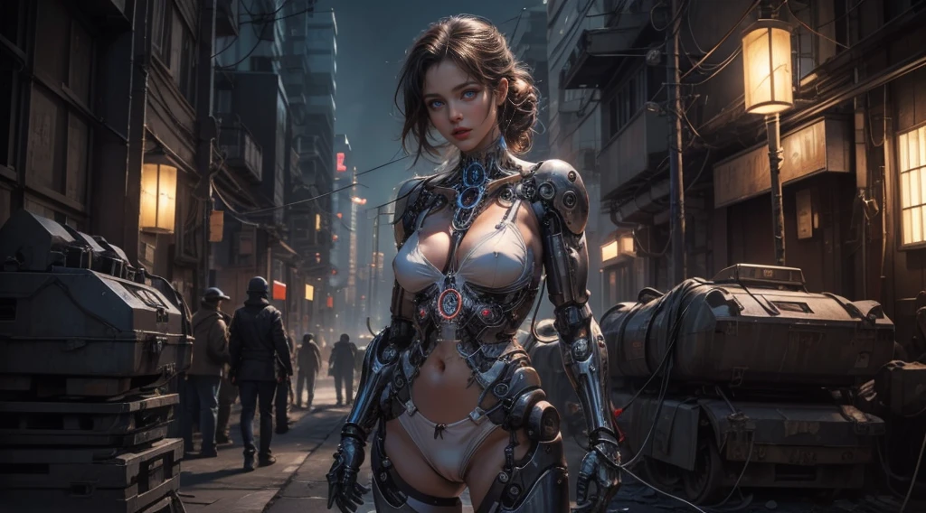 ((extremely delicate and beautiful cybernetic girl)), ((mechanical limbs)), ((detailed face and eyes)) (blood vessels connected to tubes), (mechanical vertebrae), ((mechanical cervical attaching to neck)), (wires and cables attaching to neck:1.2), ((mass of wires and cables on head)), (character focus), (((dynamic pose))), nipple breast on cloths, ((cowboy shot)), (masterpiece), (((best quality))), ((ultra-detailed)), (highly detailed photorealistic CG illustration), ((big )) cinematic lighting, science fiction, extremely detailed,colorful,highest detail, ((white panty, crotch exposed)), holding sniper, nsg, gun, cyberpunk city background.