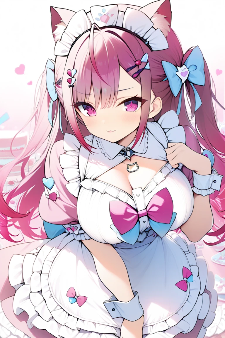 1girl,solo,sakuna,profile,naughty face,pink eyes,Beautiful Eyes,:3,pink hair,maid headdress,thigh highs,puffy short sleeves,cat ears,dress,apron,white apron,long hair,two side up,large breasts,light blue bow,hair ornament,puffy sleeves,short sleeves,pink dress,wrist cuffs,pink bow,sakuna,maid headdress,puffy short sleeves,dress,white apron,light blue bow,hair ornament,wrist cuffs,Official Costumes,(masterpiece,best quality,very aesthetic,ultra detailed),cute,pink heart background