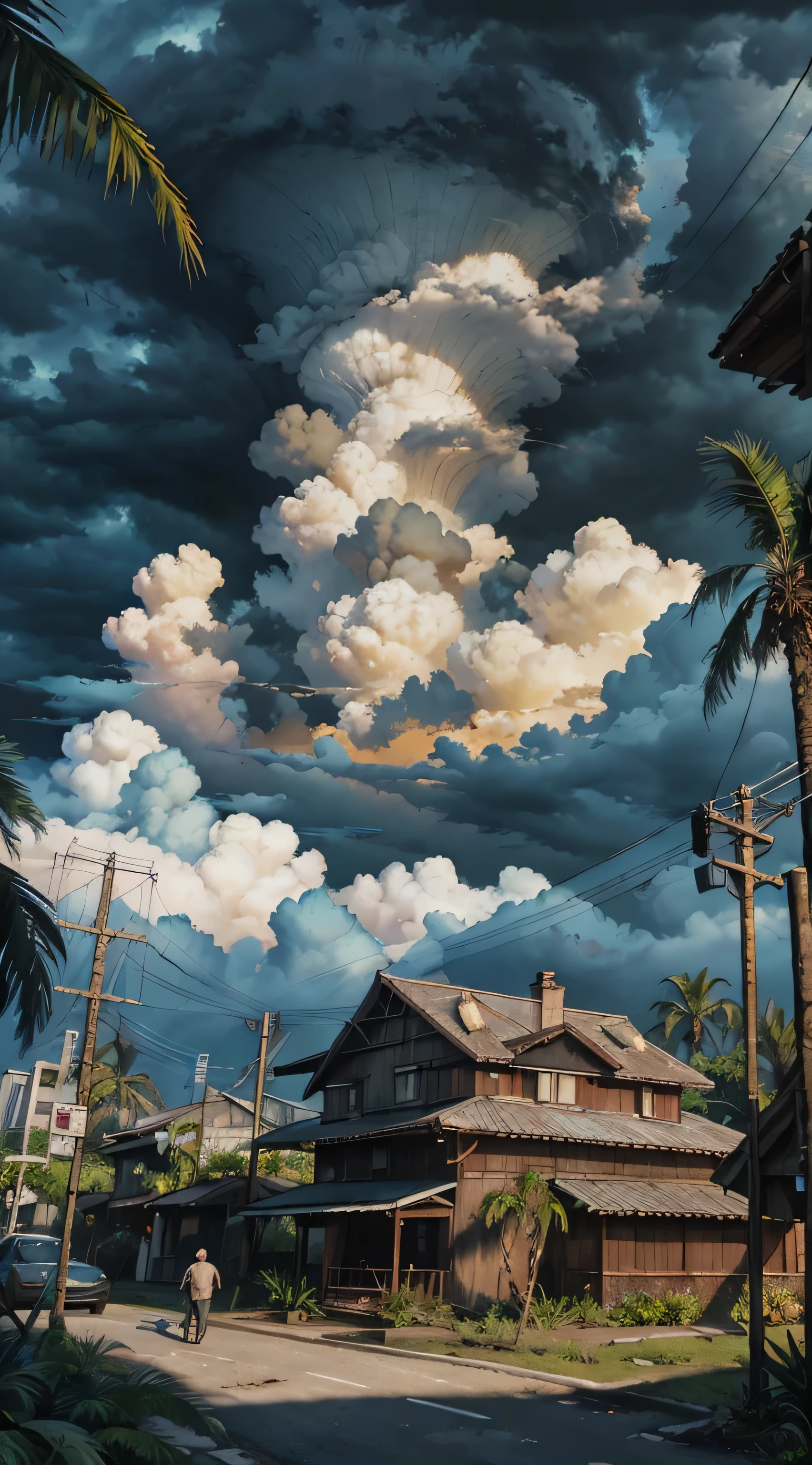 a painting of a house on a small island with palm trees, stormy skies, hurricane stromy clouds, storm clouds, dramatic skies, by Max Dauthendey, after the storm, storm sky, stormy sky, heavy clouds, scenery artwork, stormy atmosphere, stormy day, stormy clouds, stormy weather, stormclouds, beautiful oil matte painting, palm trees james gurney, grin face, young, (Masterpiece), ((Blue skin)), (best detail), digital art, (best qualtiy), Cinematic texture, ((Avatar style)), beautiful pupil, The background is jungle, the rainforest, big leafs