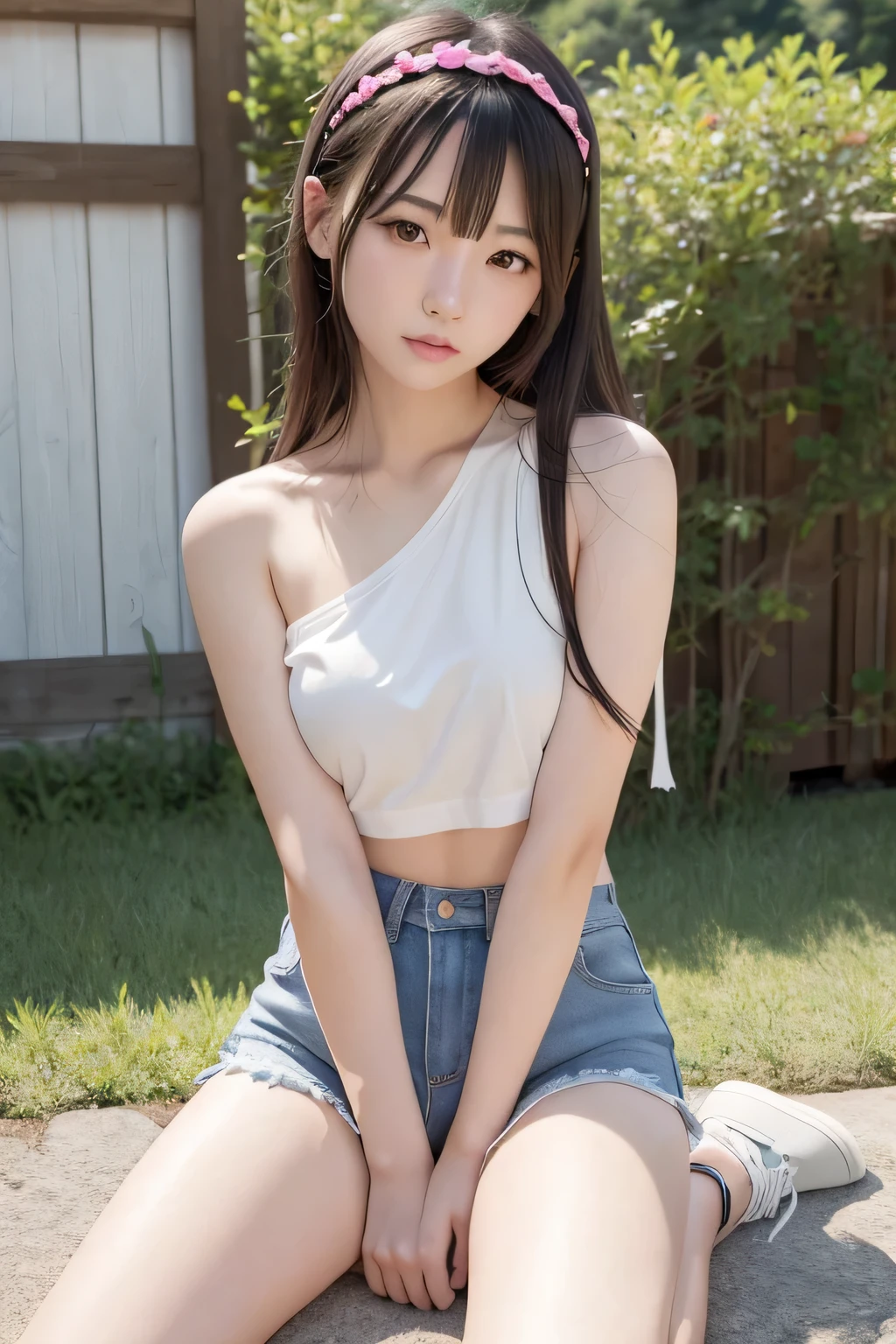 8k,Japanese,10 years old,Innocent face,Teenage Girl,cute,spring-like clothes,Spring weather,Casual wear,Sitting with legs apart，White panties are visible,Nipples，vagina，Black Hair,garden,Hair Clip,Décolletage