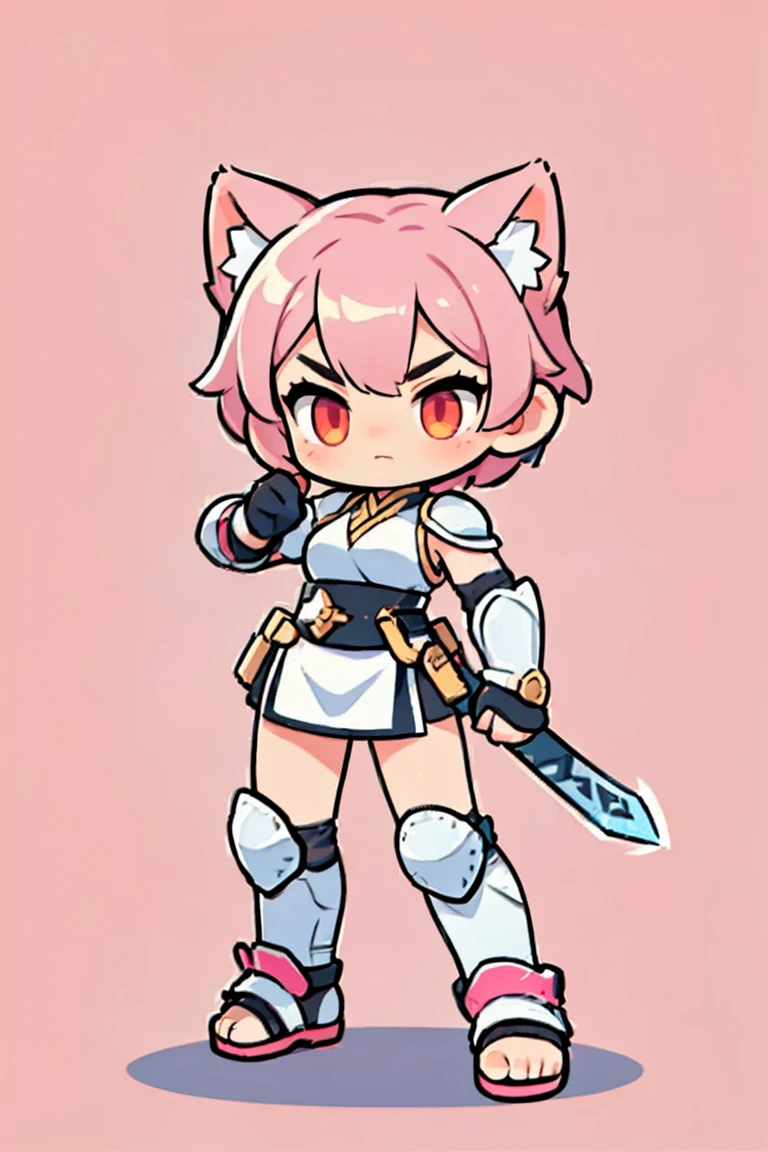 Short hair,  cat ears,  cute female warrior style,  European RPG Warrior Full Body Armor,  hero pose wielding a sword.  dynamic pose, Battle Action ,  3 tall , Natural background.  pink hair,  Costume Full Body Iron Armor , Costume color pink and white , Full Body Protection ,  red eyes,  Rotating and attacking action ,  Sleek pose like a ninja