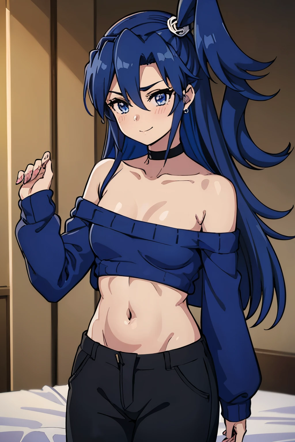 1 girl、solo、SymphoTsubasa、bedroom、standing
hair between eyes,blue eyes, one side up,blue hair, long hair、light smile、BREAK (blue theme:1.4), (vivid colors:1.3), (blue sweater:1.4), (long-sleeve:1.3), ((off shoulder, navel, stomach):1.3),BREAK (black theme:1.3), ((black oversized pants, black baggy pants):1.3), (black choker:1.2), (earrings:1.2), (lace-up boots:1.1),