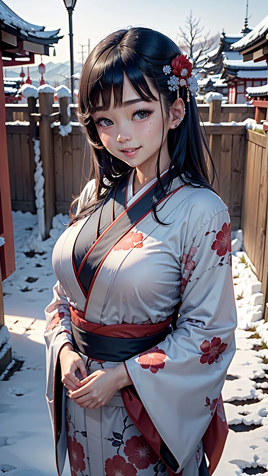 ((perfect anatomy,  anatomically accurate ,  Super Detailed Skins )),  1 girl, Japanese,  high school girl , shiny skin,  big breasts at the temple:0.5,  look up , View the view, Beautiful Hair, Facial beauty,  beautiful detailed eyes , (Mid-length hair:1.5, Japanese hair:1.5),  black haired,  blue eyes,   ,  mole under eye, (((Red floral kimono), Hair accessories)), ((smile:1.5,  Open Your Mouth Wide)),  New Year walking around the city, ( Beautiful Scenery ), winter, dawn, (New Year),((The background is New Year )), snow, snowfall:1.5, Frozen Weather, frost, (8k, top-quality, masterpiece:1.2,  Extremely detailed), ( photorealistic ),  beautiful illustration ,  Natural lighting ,
