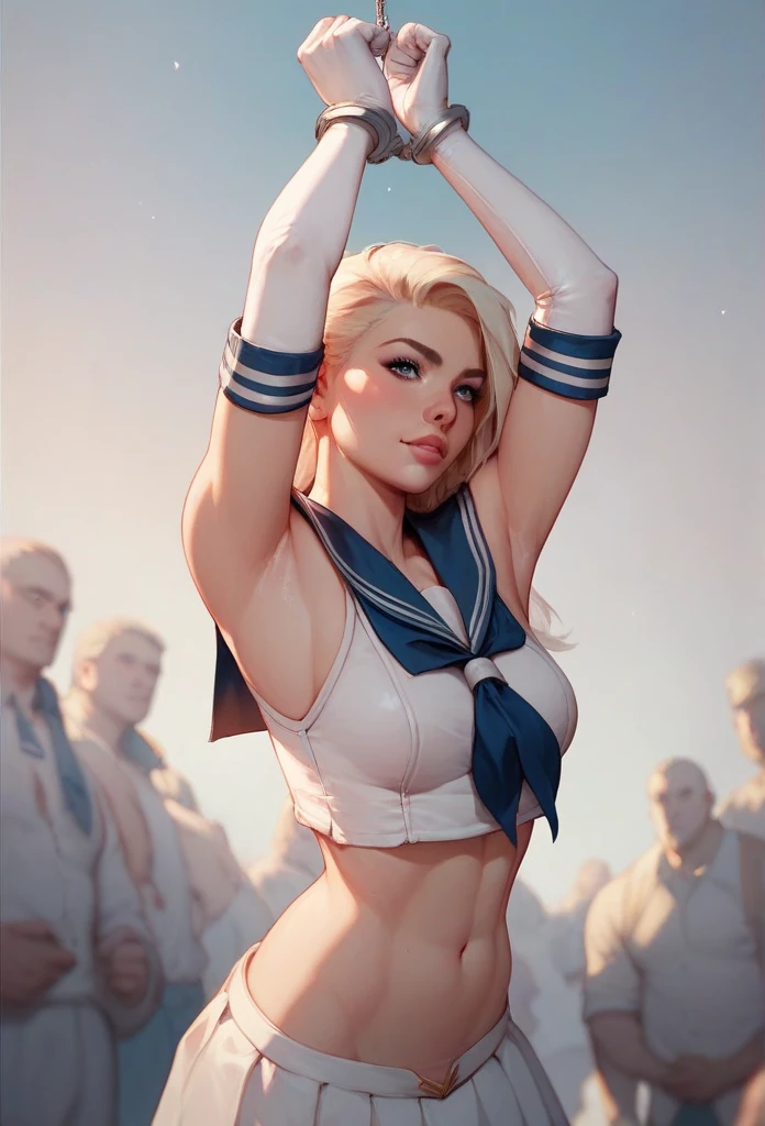 sailor suit warrior， White Long Gloves ， Wear handcuffs on both hands，Raise your hands above your head， Kneel down 