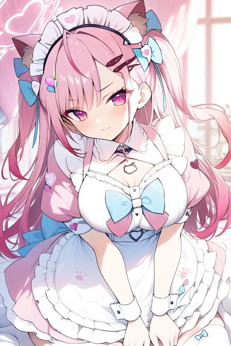 1girl,solo,sakuna,profile,naughty face,pink eyes,Beautiful Eyes,:3,pink hair,maid headdress,thigh highs,puffy short sleeves,cat ears,dress,apron,white apron,long hair,two side up,large breasts,light blue bow,hair ornament,puffy sleeves,short sleeves,pink dress,wrist cuffs,pink bow,sakuna,maid headdress,puffy short sleeves,dress,white apron,light blue bow,hair ornament,wrist cuffs,Official Costumes,(masterpiece,best quality,very aesthetic,ultra detailed),cute,pink heart background