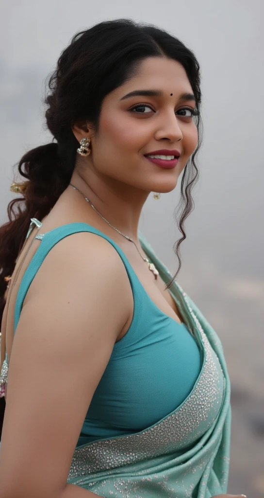 from bottom view, long shot photo of sexy indian, look at viewer and subtle smile, curvy athletic figure, open arms, sexy armpits, sweating, doing push ups in fog, ponytail, necklace, white see through lace bra, blue and green  saree with low necked blouse, glossy lips, (cinematic:1.3), intricate details, (ArtStation:1.2)