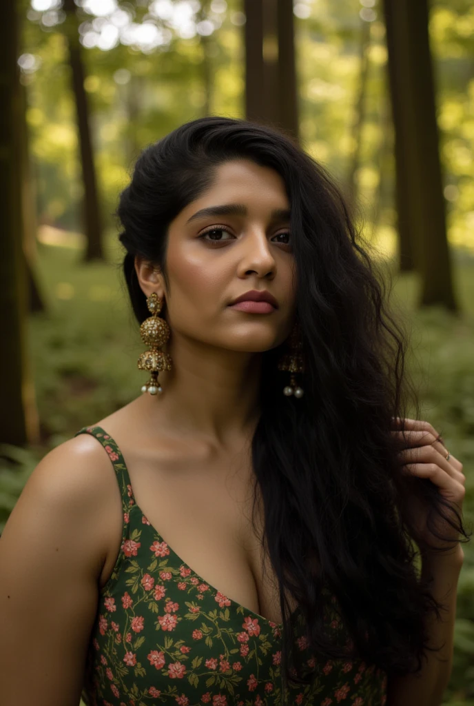 a young girl in a forest, detailed portrait of a beautiful girl with black hair, detailed face and body, perfect proportions, photorealistic, masterpiece, ultra-detailed, high resolution, 8k, cinematic lighting, dramatic lighting, chiaroscuro lighting, dramatic shadows, glowing skin, defined collarbones, detailed hair, depth of field, lush greenery, moss covered trees, sunlight filtering through the leaves, magical atmosphere, serene, peaceful, ananya, ritika , huge bust, soft build body