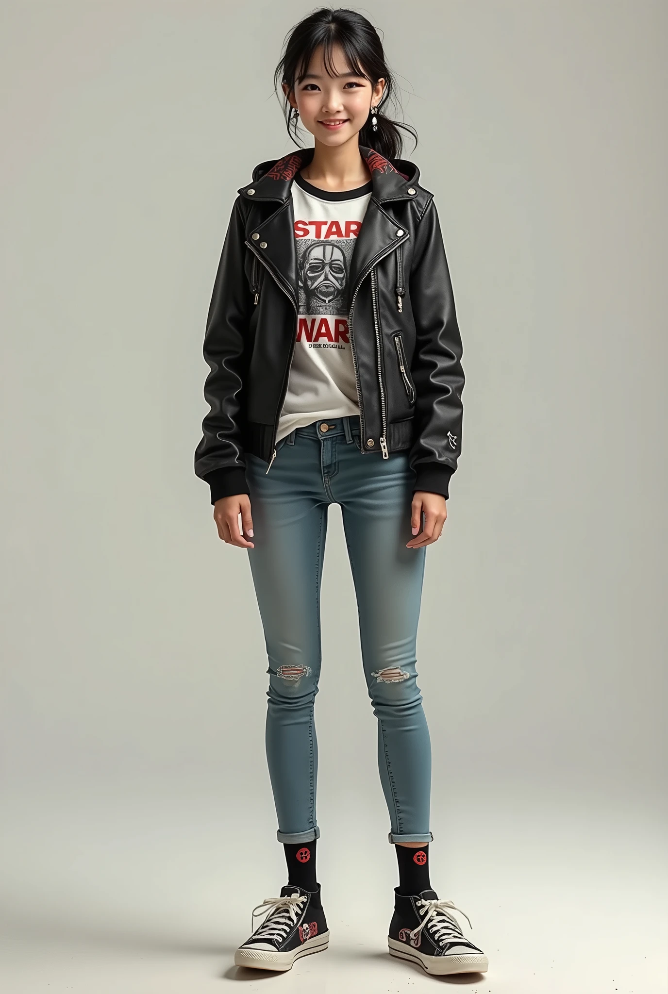 Arafed woman in a black jacket and jeans posing for a picture - SeaArt AI