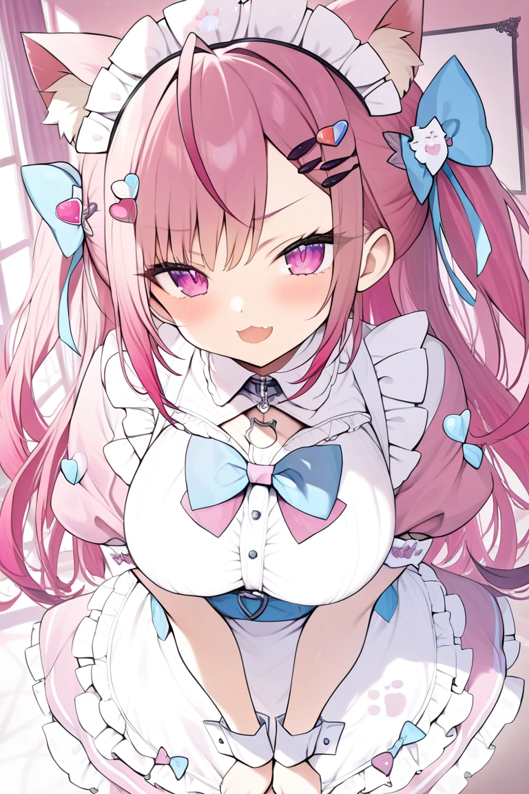 1girl,solo,sakuna,dutch angle,naughty face,pink eyes,Beautiful Eyes,:3,mesugaki,skin fang,pink hair,maid headdress,thigh highs,puffy short sleeves,cat ears,dress,apron,white apron,long hair,two side up,large breasts,light blue bow,hair ornament,puffy sleeves,short sleeves,pink dress,wrist cuffs,pink bow,sakuna,maid headdress,puffy short sleeves,dress,white apron,light blue bow,hair ornament,wrist cuffs,Official Costumes,(masterpiece,best quality,very aesthetic,ultra detailed),cute,pink heart background