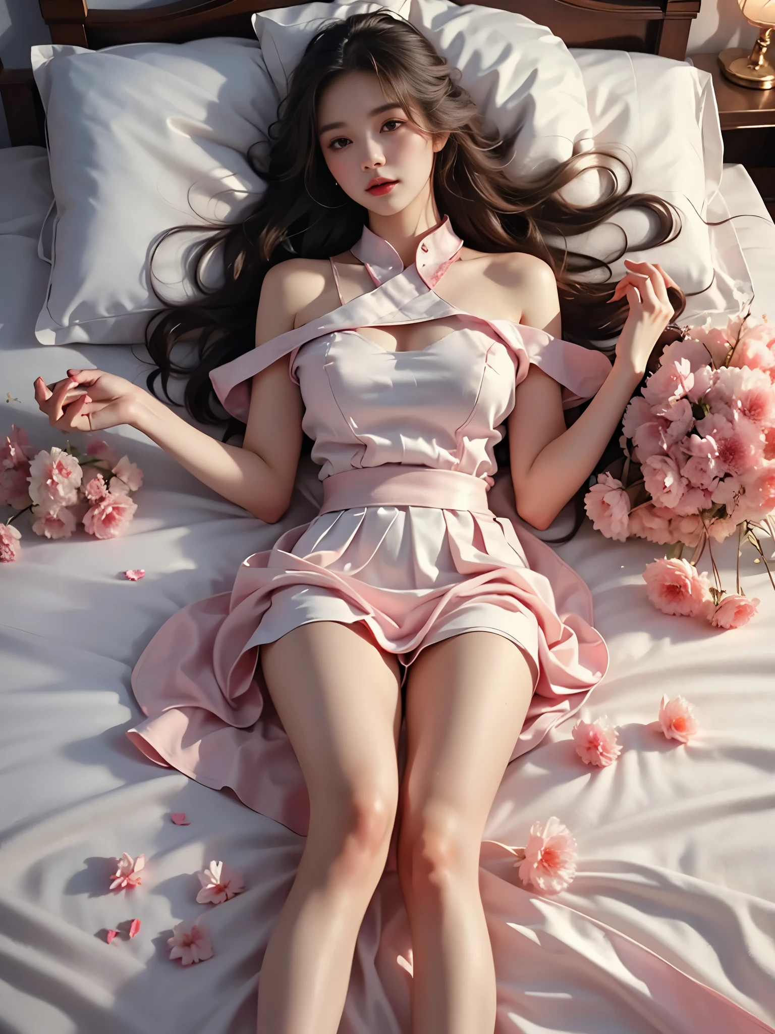 toruzu_bunko_uniform,school uniform,miniskirt,pleated skirt,white skirt, ((full body)), ((top-down aerial view)), ((Night, warm colors, petals, many petals)), ((lying on bed)), ((natural knee bend)), ((feet flat on bed)), ((relaxed posture)), 1girl, solo, dark moody style, photorealistic, beautiful feminine face, soft delicate features, ((perfect anatomical proportions)), shapely figure, long toned legs, (highly detailed skin texture:1.3), flawless complexion, ((silk bedding)), ((crumpled sheets)), natural ambient lighting, professional boudoir photography, crisp focus with subtle depth of field, 8k ultra hd, cinematic composition, dramatic shadows, studio lighting setup, intimate atmosphere, high-end fashion editorial, (hyperrealistic skin details), volumetric lighting, premium camera lens bokeh, sophisticated mood.