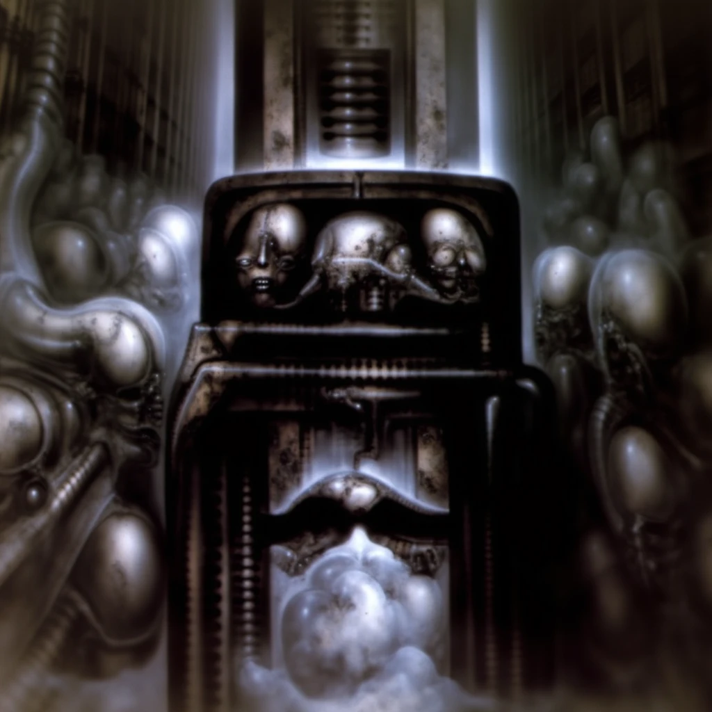 H. R. Giger's g1g3r, , Giger_style, The image is a detailed view of H.R. Giger's \" for Judith \" plate, featuring (  The image is a painting of a futuristic cityscape with a mix of architectural and fantastical elements. By Giger in gigeresque style  ) H R GIGER's biomechanical is a digital artwork featuring  vertical city set against a backdrop of intricate mechanical pipes and wires.. with a glowing light source, dence cloudy mist, strokes of steam. (A haunting and surreal image inspired by the work of H.R. Giger. The artwork depicts a biomechanical , with intricate tubes and pipes snaking along the walls.  The image features a close-up of a mechanical object with a complex, intricate design, resembling a futuristic machine or robot, made of  burned bone and ivory, fossils,set against a blurred background, adding to the sense of unease and mystery. The overall atmosphere is one of darkness, decay, and the unsettling nature of the unknown, best quality:1.4) The artistic manner would be unmistakably Gigeresque. A dark and unsettling beauty would permeate the piece, blurring the lines between fascination and repulsion , forever haunted by the grotesque allure. Giger's signature artistic manner would be evident in every stroke. The artist has used careful linework to depict the contours and textures in the piece, (Triadic:1.1), (Proportion:1.1),  , (Reflected light:1.2), Parchment, ultra detailed, intricate,, dry b (best quality:1.4), H.R. GIGER,  BY GIGER