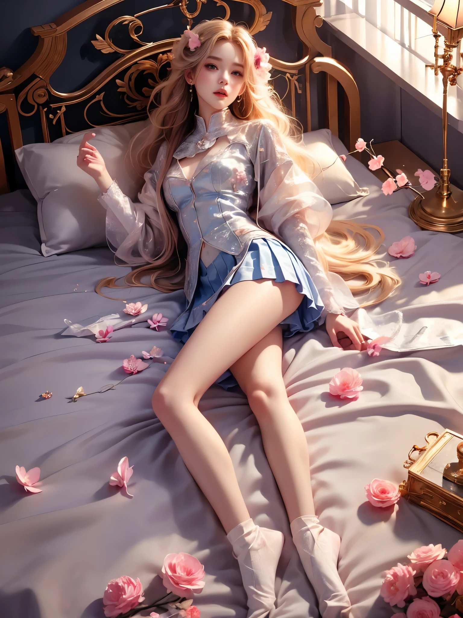 toruzu_bunko_uniform,school uniform,miniskirt,pleated skirt,white skirt, ((full body)), ((top-down aerial view)), ((Night, warm colors, petals, many petals)), ((lying on bed)), ((natural knee bend)), ((feet flat on bed)), ((relaxed posture)), 1girl, solo, dark moody style, photorealistic, beautiful feminine face, soft delicate features, ((perfect anatomical proportions)), shapely figure, long toned legs, (highly detailed skin texture:1.3), flawless complexion, ((silk bedding)), ((crumpled sheets)), natural ambient lighting, professional boudoir photography, crisp focus with subtle depth of field, 8k ultra hd, cinematic composition, dramatic shadows, studio lighting setup, intimate atmosphere, high-end fashion editorial, (hyperrealistic skin details), volumetric lighting, premium camera lens bokeh, sophisticated mood.