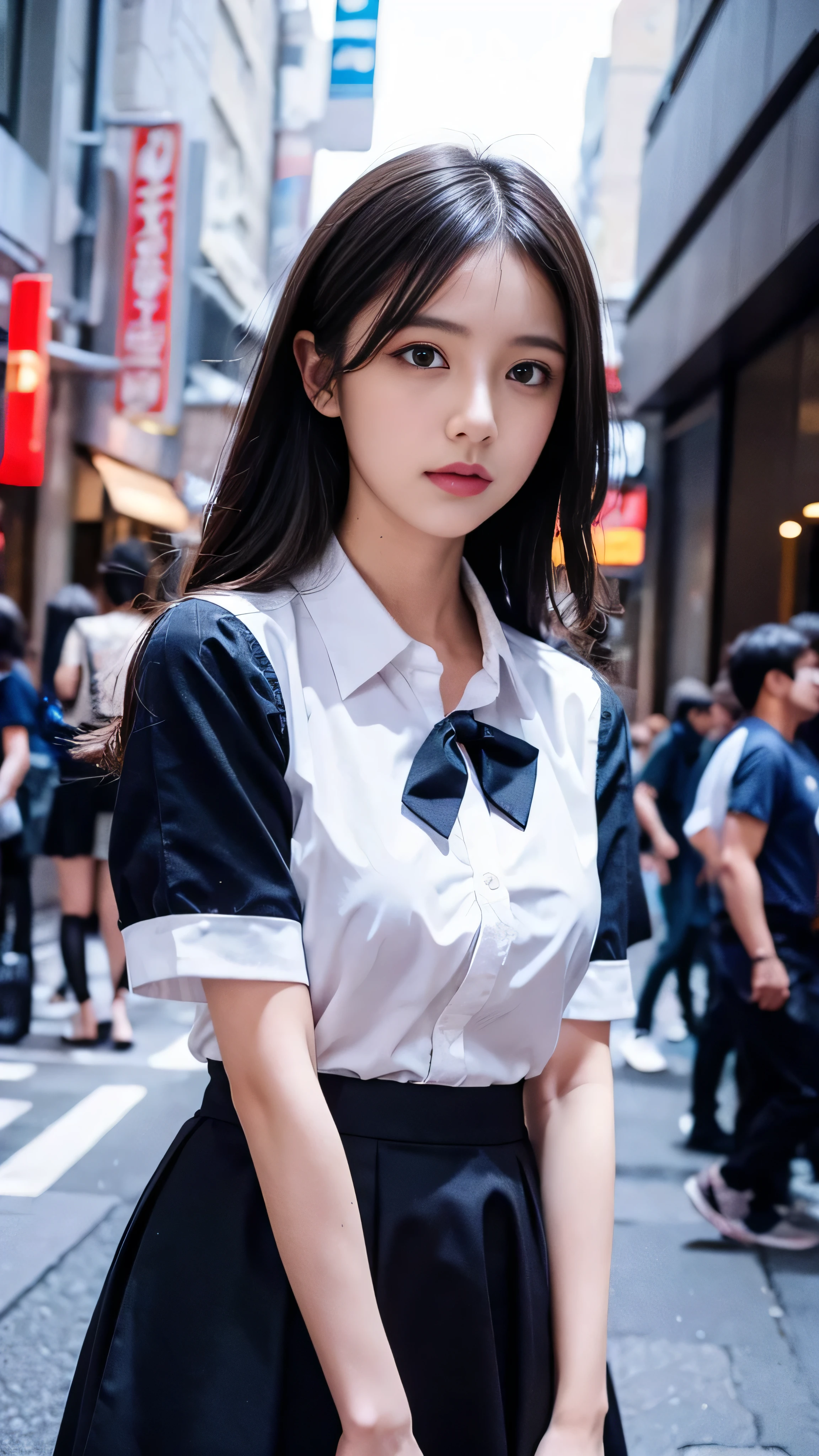 (8k,  RAW Photos, masterpiece:1.3), (Realistic, photo-Realistic:1.37), ( Knight ), ( viewers from below:1.331), (Gray Hair), Pose, tokyo street,  Knight cityscape,  cyberpunk city, Soft light,  1 girl,   very beautiful face ,  Bust, Put your hands down, Random hair style , Random Expressions, Big Eyes, Lower abdomen, (Short sleeve .ＪＫ_shirt), ＪＫ_ style , (dark blue ＪＫ_skirt), (bow ＪＫ_tie),  mix 4., Best Quality