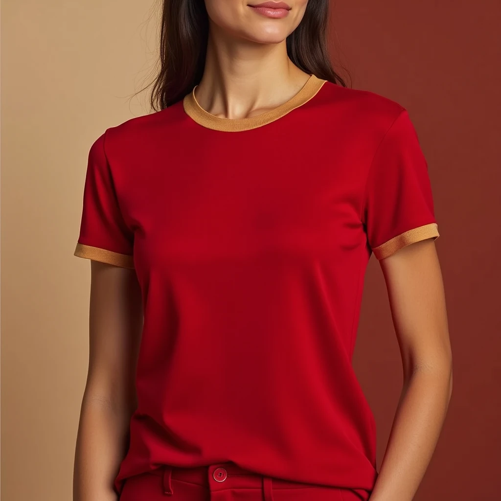 A red women's t-shirt with a crew neck and above the belly button, and a pair of shorts from below the belly button to the ankles.