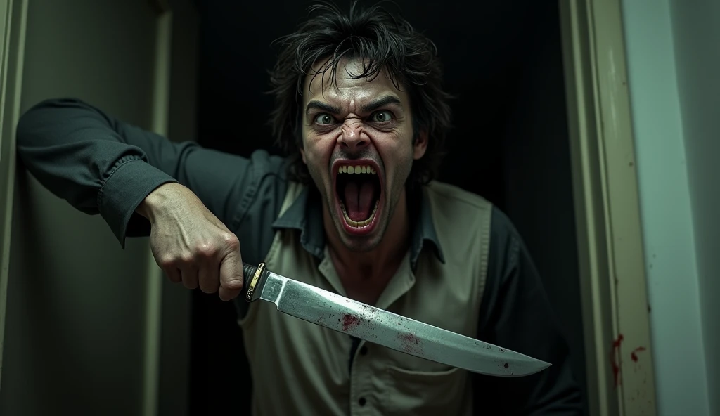 show me a gif or image where he is ready to attack a dollar bill zombie walking towards him. He is holding a knife