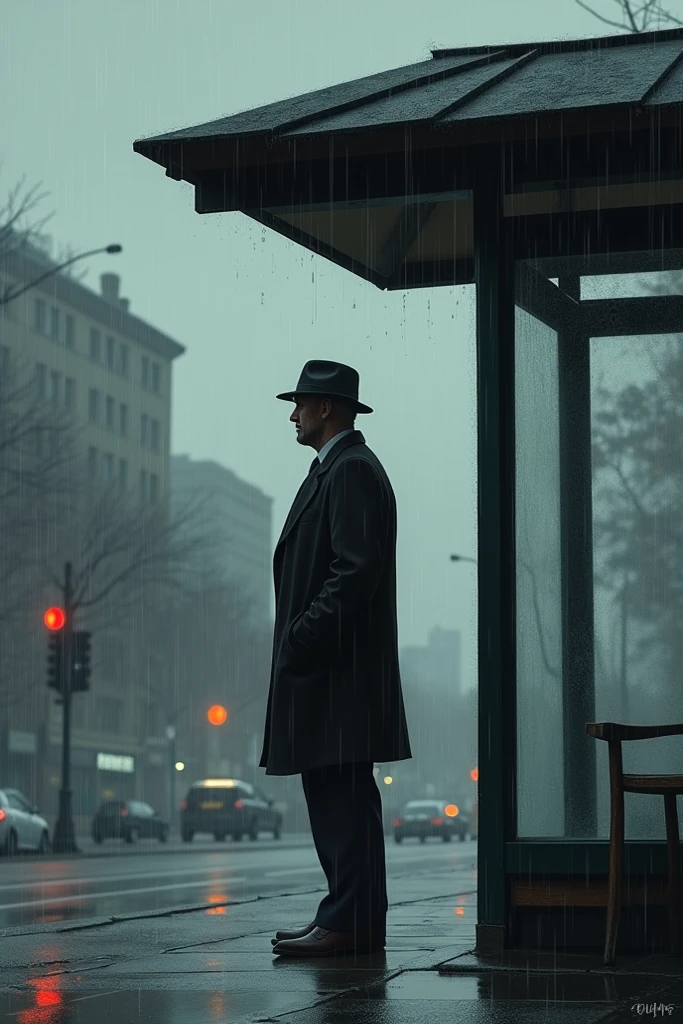 A man waiting for the bus in the rain - SeaArt AI