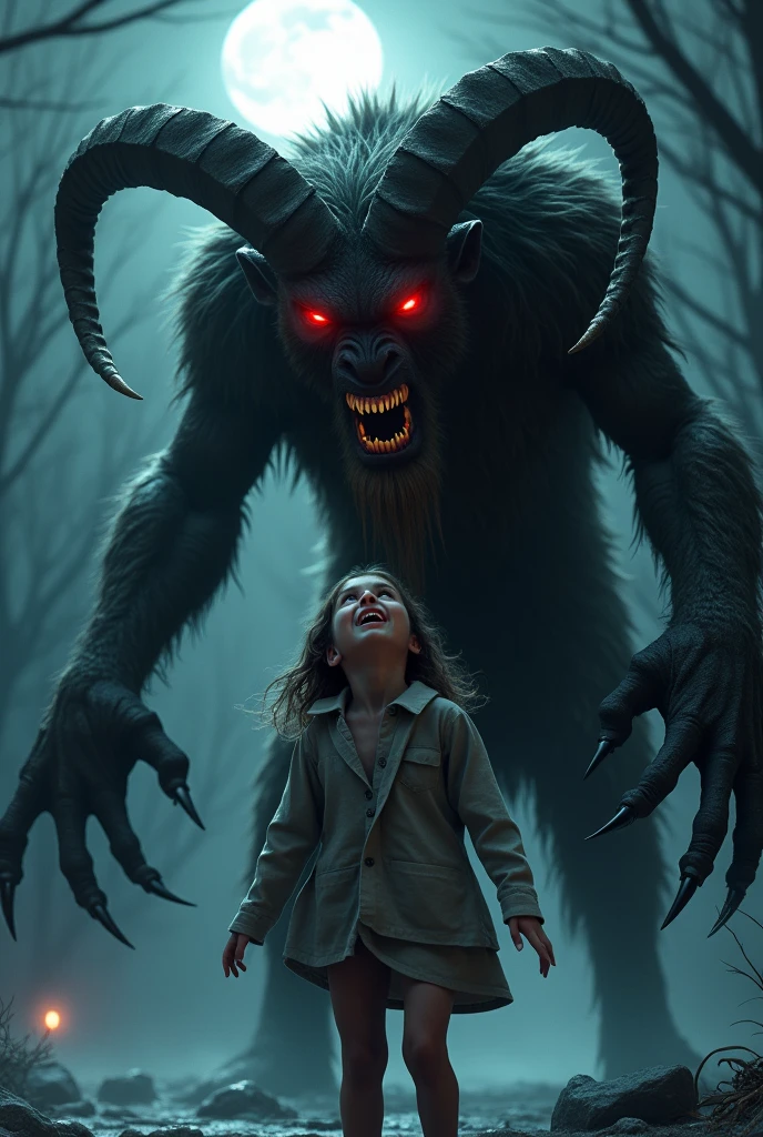 Bloody Krampus who is in front of a house With a child