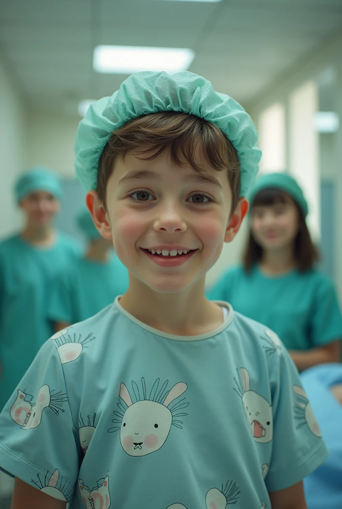 EUltra realistic, pediatric boy patient,  in 10 years old boy crying blond boy with blue eyes very white skin very beautiful and tender face in a large and elegant room with clothes sad European boy with a tender and sad look very masculine, detailed face, wears blue patient gown , putting long patient gown on, back-tied patient gown, male figure, high closed crew-neck, bokeh, all wearing large teal nylon bouffant cap , , large surgical bouffant cap covering hair and ears, ultra-short hair fully covered by nylon shower cap, , standing in hospital room