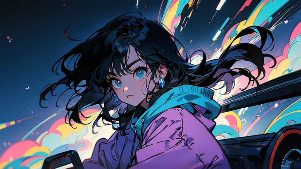 "80s anime style, featuring a single character: an adult woman with long, straight black hair, wearing a trendy hoodie. She is driving through the quiet streets of nighttime Tokyo under a starry sky, surrounded by a serene and calm atmosphere."