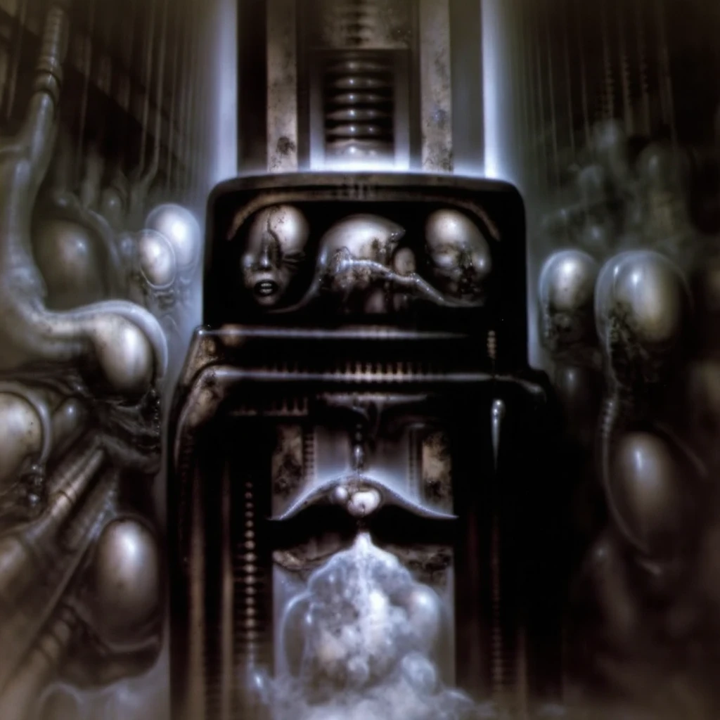 H. R. Giger's g1g3r, , Giger_style, The image is a detailed view of H.R. Giger's \" for Judith \" plate, featuring (  The image is a painting of a futuristic cityscape with a mix of architectural and fantastical elements. By Giger in gigeresque style  ) H R GIGER's biomechanical is a digital artwork featuring  vertical city set against a backdrop of intricate mechanical pipes and wires.. with a glowing light source, dence cloudy mist, strokes of steam. (A haunting and surreal image inspired by the work of H.R. Giger. The artwork depicts a biomechanical , with intricate tubes and pipes snaking along the walls.  The image features a close-up of a mechanical object with a complex, intricate design, resembling a futuristic machine or robot, made of  burned bone and ivory, fossils,set against a blurred background, adding to the sense of unease and mystery. The overall atmosphere is one of darkness, decay, and the unsettling nature of the unknown, best quality:1.4) The artistic manner would be unmistakably Gigeresque. A dark and unsettling beauty would permeate the piece, blurring the lines between fascination and repulsion , forever haunted by the grotesque allure. Giger's signature artistic manner would be evident in every stroke. The artist has used careful linework to depict the contours and textures in the piece, (Triadic:1.1), (Proportion:1.1),  , (Reflected light:1.2), Parchment, ultra detailed, intricate,, dry b (best quality:1.4), H.R. GIGER,  BY GIGER