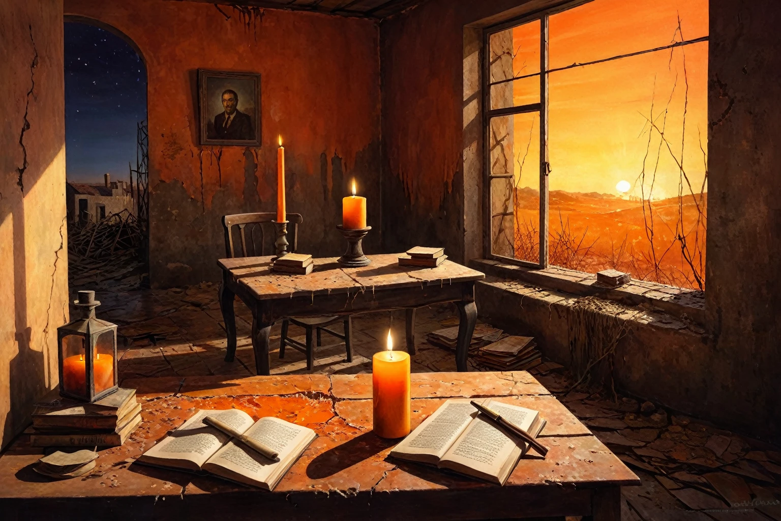 " A post-apocalyptic still life ,  bathed in twilight orange light . The candle,  consumed almost completely ,  projects a faint shadow on the dust-covered table .  Dense cobwebs envelop objects ,  transforming them into relics of a forgotten past . A bottle of broken glass ,  with traces of a reddish liquid ,  lies among dusty books .  in the background ,  a chipped mural reveals fragments of an idyllic landscape ,  now covered by cracks and stains of moisture .  Warm tones predominate ,  creating an oppressive and melancholic atmosphere ,  while the Flashes of light filtering through the windows add a touch of hope."