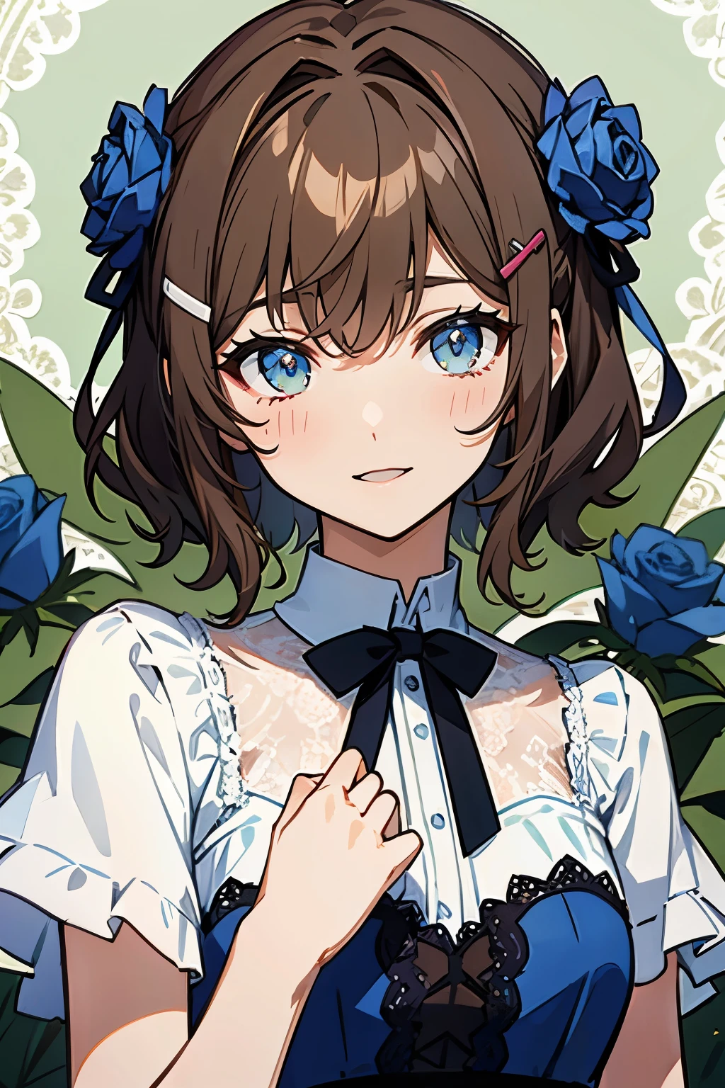 Anime girl with blue eyes and a white blouse with black bows - SeaArt AI