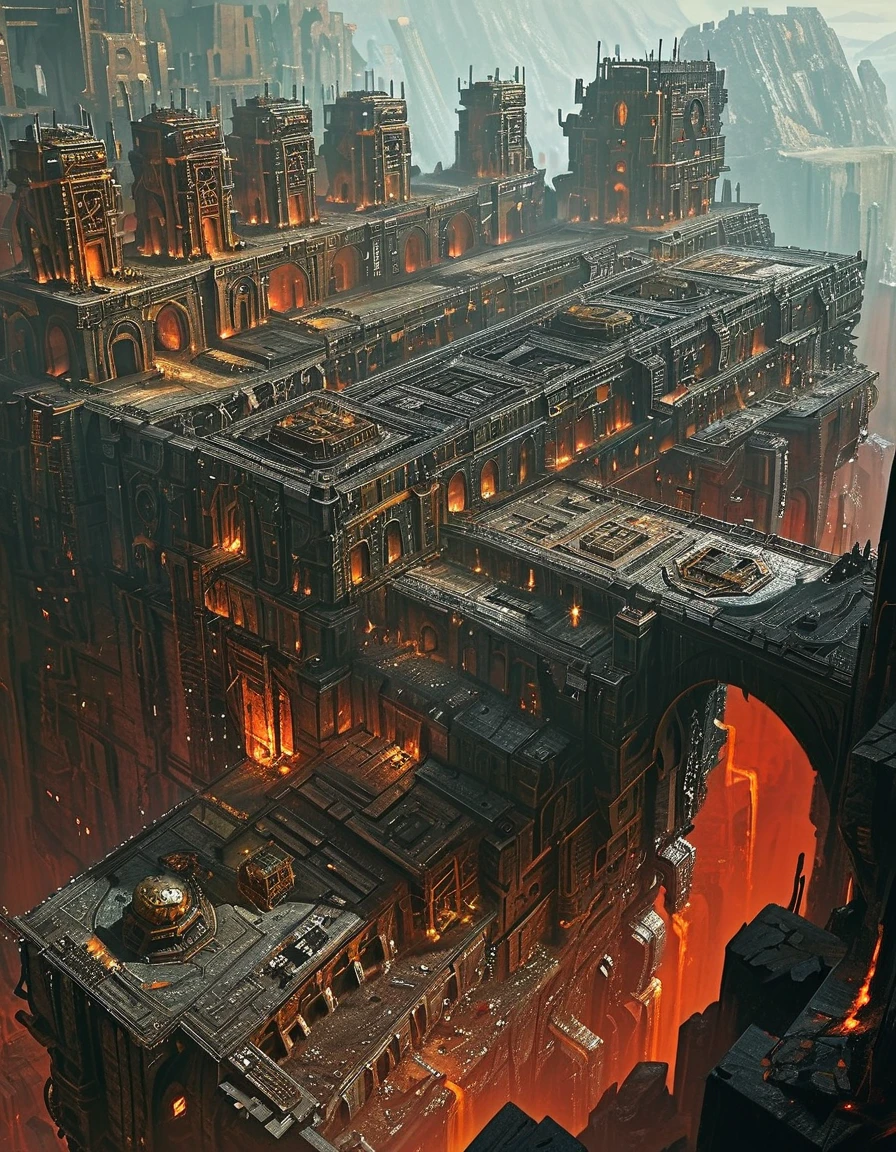 In a sprawling Warhammer 40000 mechanicus mining colony, visualize an industrial scene brimming with high-tech machinery and intricate architecture. The setting is dominated by towering metallic structures and Monolithic machines, surrounded by a bustling environment of laborers clad in rugged uniforms. The lighting is a mix of harsh artificial fluorescents and the warm glow of ore-refining furnaces, casting dynamic shadows across the polished floors. 