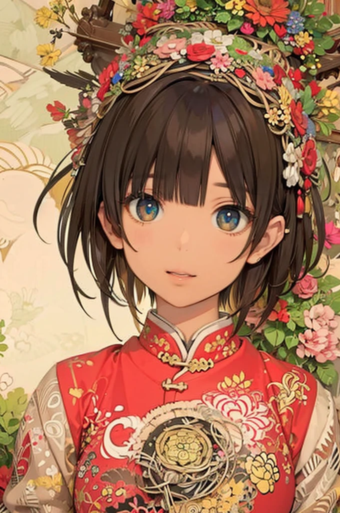 Official Art, wallpaper, Very detailed, (((Very detailed eyes and face))), Shut your mouth., masterpiece, highest quality, Realistic portraits, (ZenTangle, Mandala, Tangle, EnTangle), Complex clothing, Very detailed, Dynamic Angle, The most beautiful form of chaos, elegant, Brutalist Design, Vibrant colors, Romantic Chinese Flowers