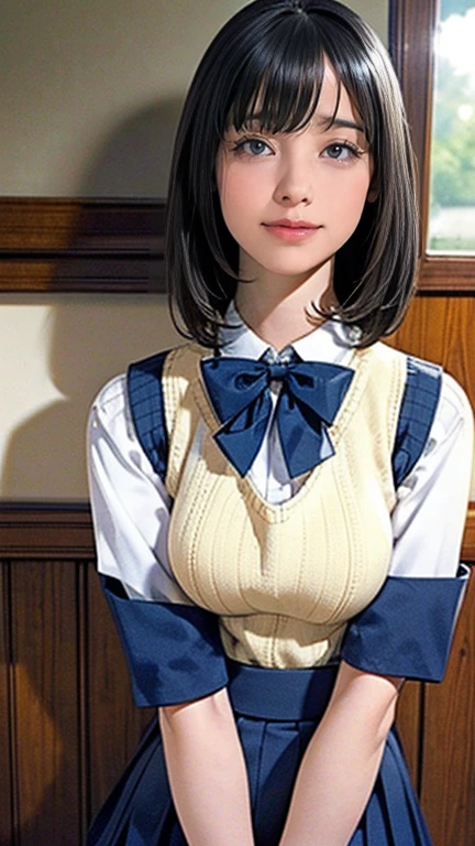 (masterpiece:1.2,  best quality), (Realistic, photoRealistic:1.4),  beautiful illustration , ( natural light, There is a movie light),  the depth of the written boundary,  stares at viewers, ( face focus ,  upper body), Front View,  1 girl, Japanese,  high school girl, ,  perfect face,   cute symmetrical face , shiny skin, (Bob Hair:1.7, black haired),  asymmetrical bangs, Big Eyes, Droopy eyes, Long eyelashes chest), thin, Beautiful Hair,  Facial beauty,  Please focus on the beautiful and delicate eyes , Beautiful clavicle,  beautiful body,  Beautiful breasts,   beautiful thighs in books,  beautiful legs with tails,   beautiful fingers , (( Fine texture  , Brown knit vest, Short sleeve white collar shirt,   navy pleated skirt  ,  navy bow tie )), ( Beautiful Scenery ),  evening , (Inside the flower shop),  standing , (smile, Superior,  open your mouth), (from below :1.5),(Low visibility:1.5), 