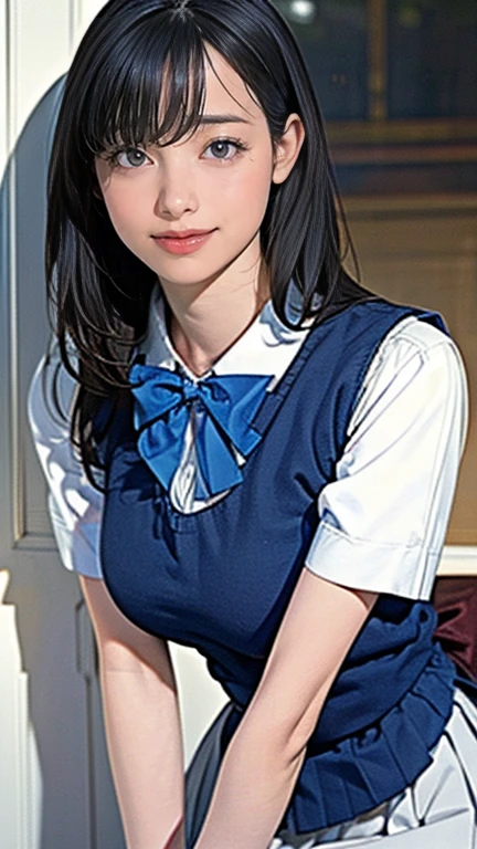 (masterpiece:1.2,  best quality), (Realistic, photoRealistic:1.4),  beautiful illustration , ( natural light, There is a movie light),  the depth of the written boundary,  stares at viewers, ( face focus ,  upper body), Front View,  1 girl, Japanese,  high school girl, ,  perfect face,   cute symmetrical face , shiny skin, (Bob Hair:1.7, black haired),  asymmetrical bangs, Big Eyes, Droopy eyes, Long eyelashes chest), thin, Beautiful Hair,  Facial beauty,  Please focus on the beautiful and delicate eyes , Beautiful clavicle,  beautiful body,  Beautiful breasts,   beautiful thighs in books,  beautiful legs with tails,   beautiful fingers , (( Fine texture  , Brown knit vest, Short sleeve white collar shirt,   navy pleated skirt  ,  navy bow tie )), ( Beautiful Scenery ),  evening , (Inside the flower shop),  standing , (smile, Superior,  open your mouth), (from below :1.5),(Low visibility:1.5), 