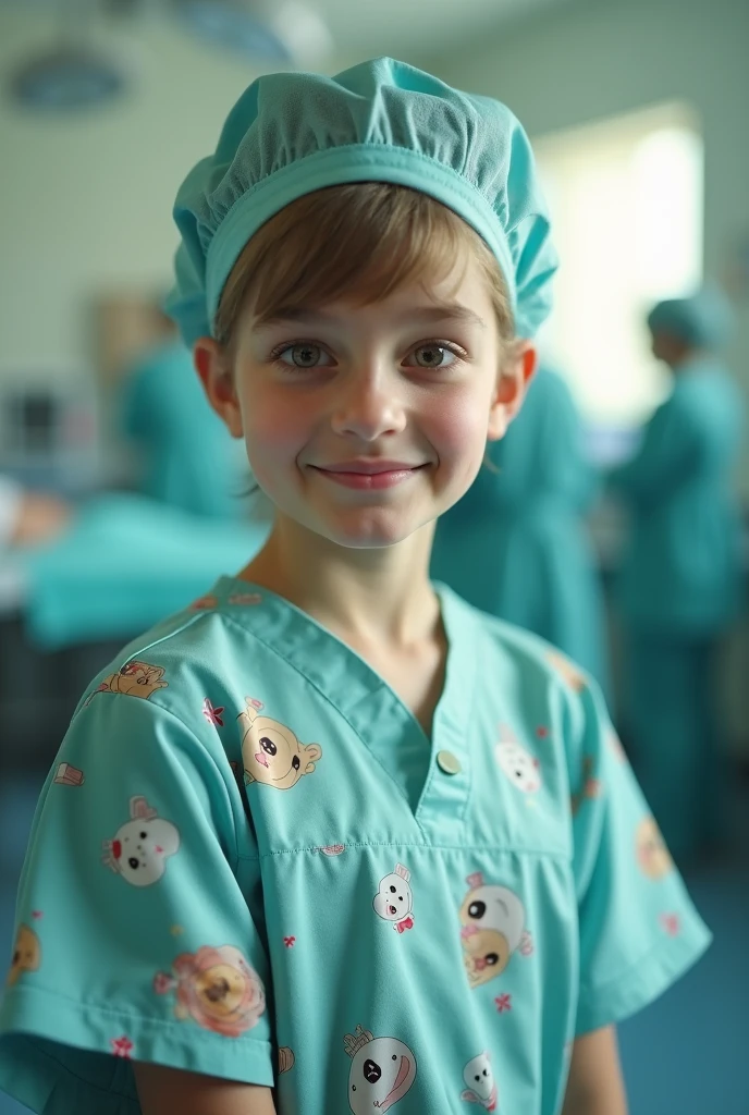 A Realistic Portrait, of a German boy, years old, blonde thin eyebrows, pediatric patient in surgery, sitting on hospital bed, Beautiful, detailed boy face, detailed eyes, (realistic skin:1.3), (pale skin:1.1), (textured skin:1.3), (()), big smile, (iphone photograph),), (artificial lighting:1.3), looking at the camera,, amateur Photography, Photorealistic, Detailed, analog, poor quality, grainy, sgerman boy, 7 years, pediatric patient in hospital room, wears vinyl raincoat with animal patterns, standing in hospital room, showing full body and legs
