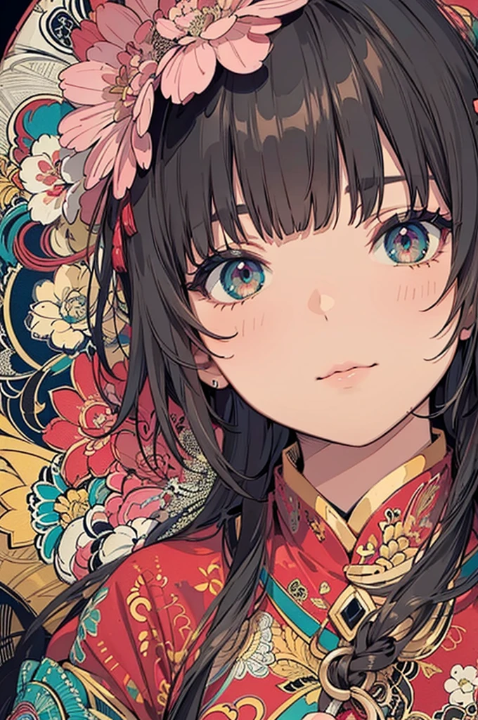 Official Art, wallpaper, Very detailed, (((Very detailed eyes and face))), Shut your mouth., masterpiece, highest quality, Realistic portraits, (ZenTangle, Mandala, Tangle, EnTangle), Complex clothing, Very detailed, Dynamic Angle, The most beautiful form of chaos, elegant, Brutalist Design, Vibrant colors, Romantic Chinese Flowers