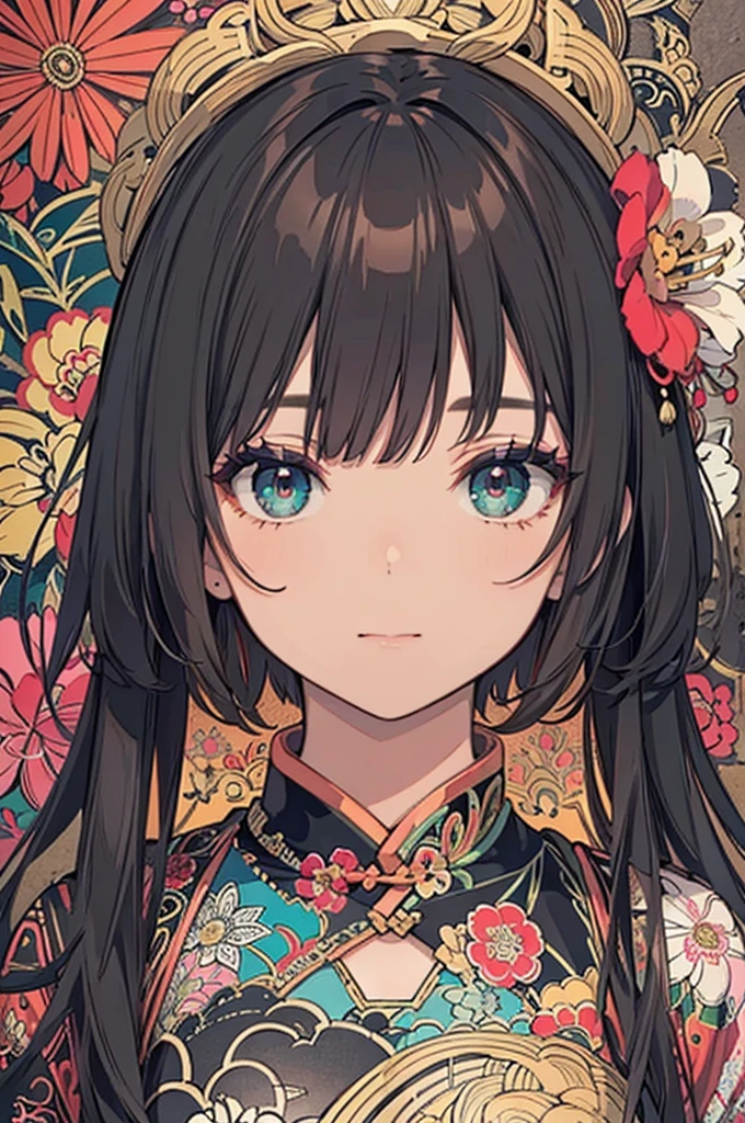 Official Art, wallpaper, Very detailed, (((Very detailed eyes and face))), Shut your mouth., masterpiece, highest quality, Realistic portraits, (ZenTangle, Mandala, Tangle, EnTangle), Complex clothing, Very detailed, Dynamic Angle, The most beautiful form of chaos, elegant, Brutalist Design, Vibrant colors, Romantic Chinese Flowers