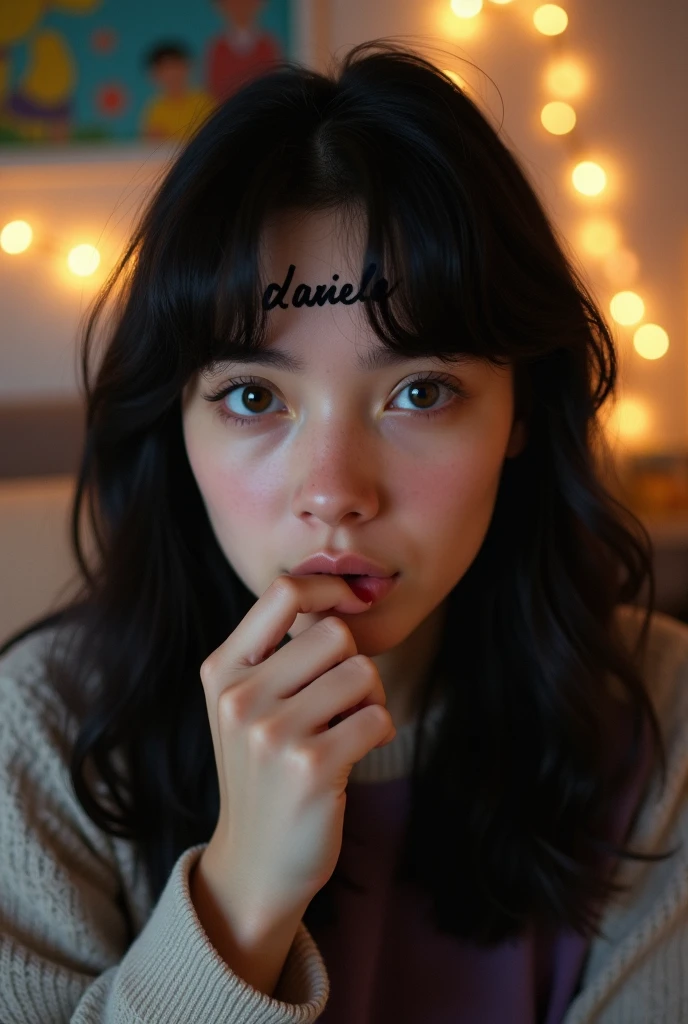 selfie di una ragazza con la frangetta nera italiana. con scritto in piccolo DANIELE sulla fronte con un pennarello nero mentre mette succhia il mignolo della mano sinistra . lo sfondo deve essere la sua cameretta