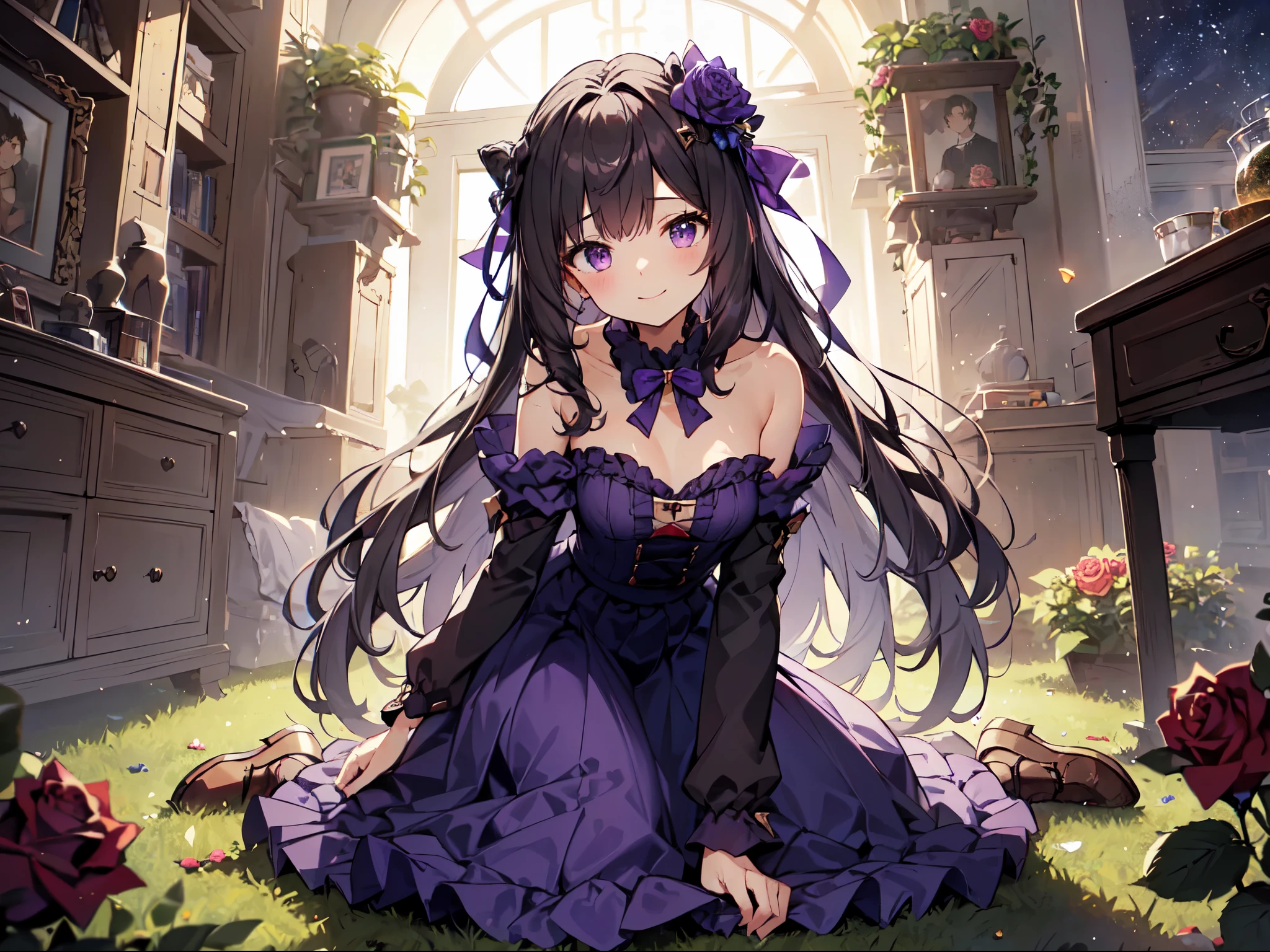 alone、ソロ、Human Girl、Human Ear、(purple ruffle costume ）、( purple frill long skirt)、smile、 forward leaning、slouch、Kneeling、Focus on the chest、 rose garden、 starry sky 、 Hi-Res, masterpiece, accurate, anatomically correct, won numerous awards, best quality