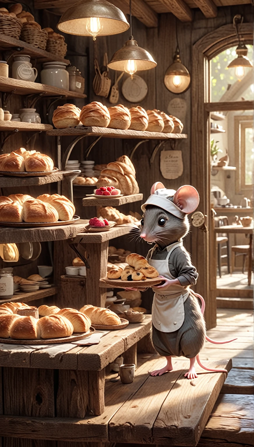 A cozy woodland café run by an adorable mouse with large round eyes, a tiny chef hat, and an apron, proudly serving a tray of freshly baked pastries. Soft warm lighting, rustic wooden interiors, and small details like baskets of bread and tiny jars of jam on the counters.