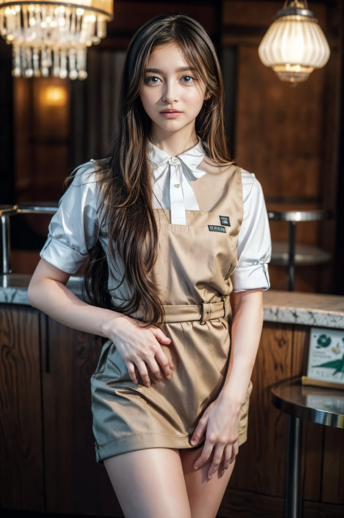 high resolution photograph of a beautiful female idol, (masterpiece,best quality),(realistic, photo-realistic),RAW Photo, 8k, solo, 1girl, full body, detailed face, detailed eyes, thin nose, (dark hair, long straight hair:1.2), (waitress uniform:1.3), (desperate pose, covering crotch, standing with spread legs apart, pissing in a cup:1.5), looking at viewer, photo background, indoors, Starbucks cafe, coffee shop,