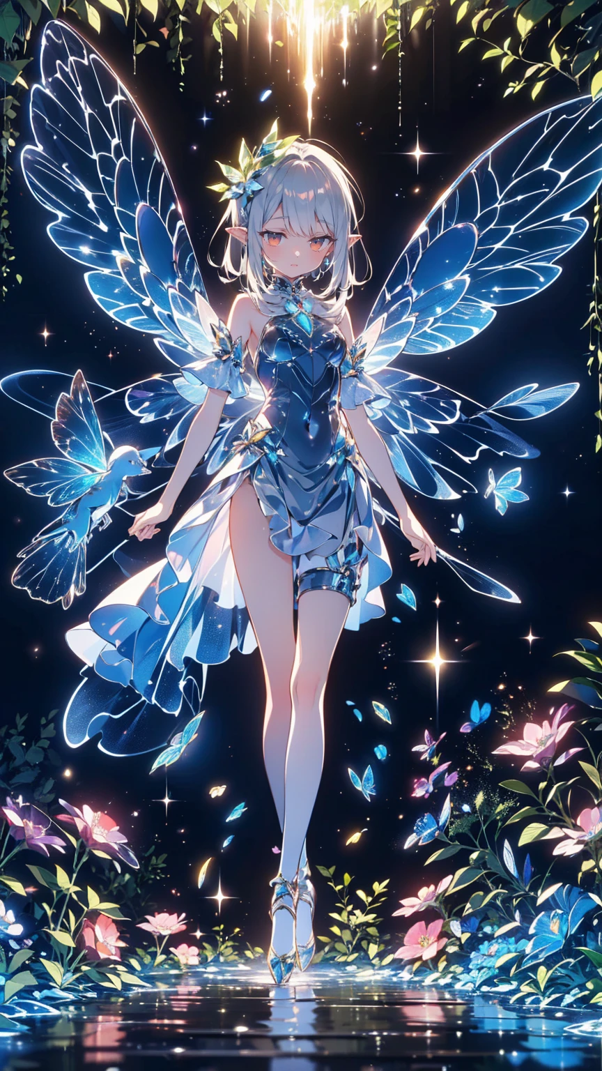 (masterpiece,top-quality,top-quality,Beautifully Aesthetic:1.2),1girl in,ighly detailed,artificially created fairy,hyper quality,super delicate lines,lensflare,((mechanical fairy,symmetrical wings,electronic fairy)),mechanical flower landscape,Machine Eyes,((Colorful1.5)),Mechanical world,