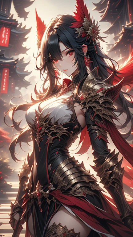 best quality, solo female, full-body, dark dragon armor, high detailed armor, remarcable shoulder pads, leg parts, matching parts, glowing red detail, medium black hair, detailed hair strands, red colored eyes, insane expression, holding a sword, night background, vibrant colors, sleek desing, metallic color, sci-fi style.