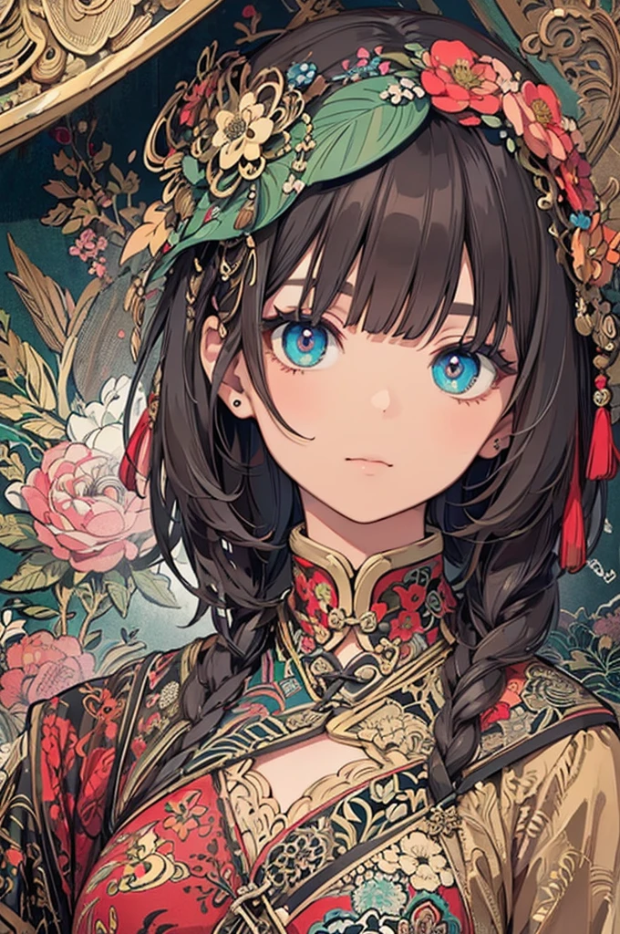 Official Art, wallpaper, Very detailed, (((Very detailed eyes and face))), Shut your mouth., masterpiece, highest quality, Realistic portraits, (ZenTangle, Mandala, Tangle, EnTangle), Complex clothing, Very detailed, Dynamic Angle, The most beautiful form of chaos, elegant, Brutalist Design, Vibrant colors, Romantic Chinese Flowers