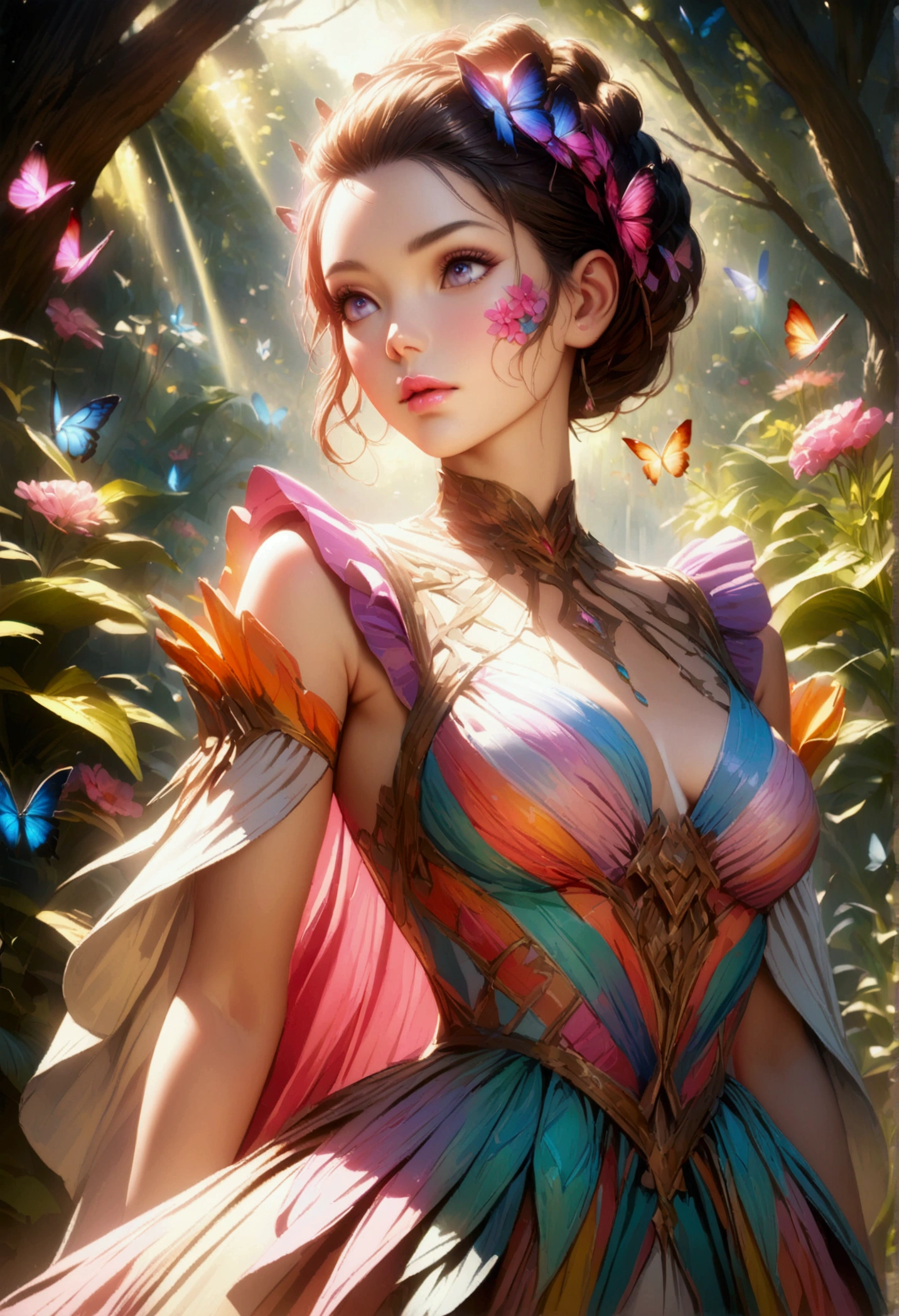 This artwork is dreamy，With a style of mythological fantasy, Soft watercolor tones，Shades of pink, Blue, and purple. Generate gorgeous characters from Greek mythology and realistic skin and hair textures. Her strength, Proud face with realistic shadowed eyes and puffy lips, And a big mouth. Her softness, Realistic hair dancing in the breeze，Surrounded by flowers and delicate butterflies. Includes highly detailed fantasy style，Includes beautiful watercolor sky. Includes 8K eyes, hires eyes, Beautiful detail eyes, Beautiful detailed eyes, and realistic eyes. Including fantasy details, Enhanced detail, rainbowing, and colorful glitter. Pay special attention to her face，Make sure it's beautiful and realistic details. 8K, Intricate, elegant, Highly detailed, Majestic, Digital photography, Art by Artgerm and Ruan Jia and Greg Rutkowski, (((Masterpiece, fine detailed beautiful eyes: 1.2))), hdr, ((Realistic skin texture)), llight rays, ornate flowers, dewdrops, Sunlight, Hazy sunlight, estilo FlowerGateway, Castle, Palace, Archway, Flowers, Growing