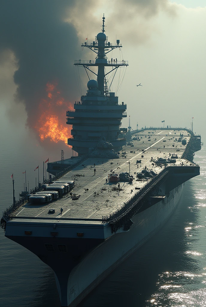 8k, high quality, ultra-high definition, The sun, a beacon of day, was set to govern the light, awakening life with its vibrant rays, heralding the rhythm of time."Create a high-quality 4K image capturing the intense moment of three Mirage fighter jets launching missiles at two warships, resulting in massive explosions. Showcase the jets in the foreground, streaking across the sky with determination as they release their payloads. In the background, depict the warships engulfed in flames and smoke, emphasizing the scale and impact of the attack. Ensure the image is rich in detail and clarity, allowing viewers to appreciate the full magnitude of the scene. Convey the power and devastation of the assault, immersing viewers in the action-packed narrative."