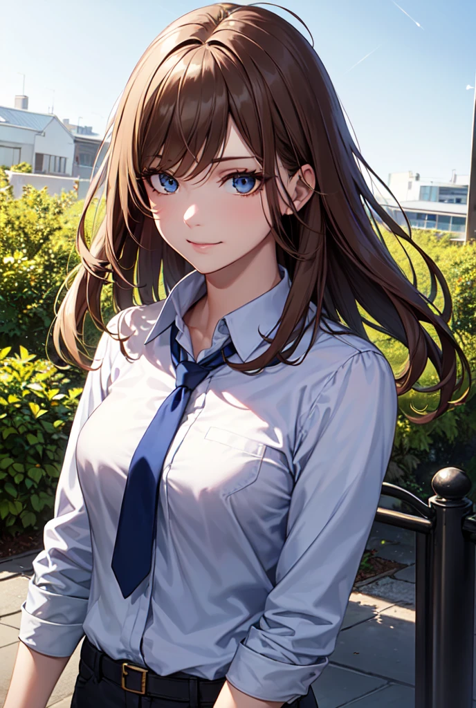 Score_9, score 8_up, score 7_up, high quality, semi realistic, uhd, 1girl, beautiful, golden brown hair, medium hair, disheveled hair, messy hair, without bangs, dark blue eyes, eye highlights, fair skin, eyelashes, red eyeshadow, creepy grin, sparkling, front view, looking at the side, upper body, fired fbi, insane, white shirt, navy blue tie, fbi badge, gray blazer, gray trousers, black shoes, gloss nail polish, afternoon setting, garden background, golden yellow sunbeam, standing, holds pistol, anime scene, windy scene, cinematic