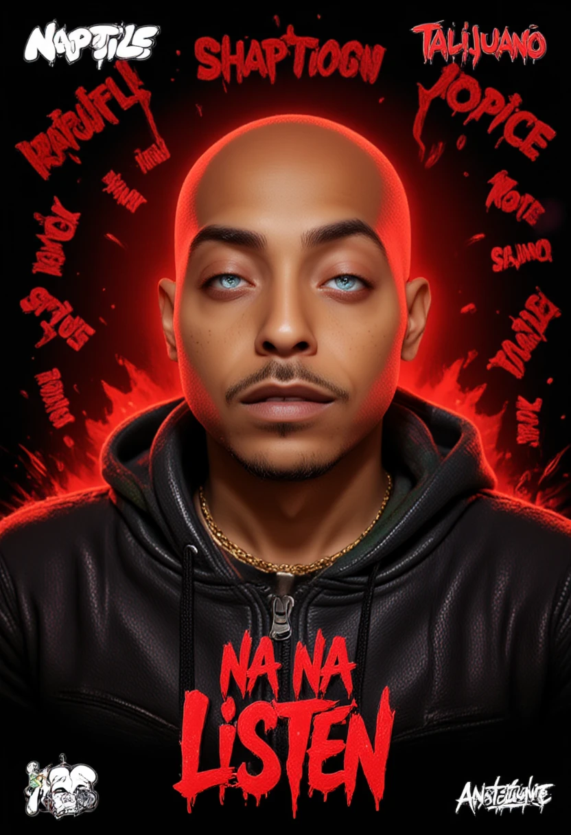 3D animated Character Nztykle . The man is Muscular Wearing Streetwear, the man has super close shaven skin Bald Head::5.1 , dreamscape portraiture, eye-catching detail, A 3D render of an anime-style bald-headed character with brown skin and glowing white eyes. The character is set against an ominous red and black background. The character exudes a mysterious aura. The background contains provocative text phrases like "Raptile," "Talijuano," and shocking confessions. The words "NA LISTEN" are prominently displayed in large, bold letters at the bottom, with a red and white color scheme. The scene is further enhanced with mature elements such as 18+ icons, , and a smirking emoji, adding a controversial and mature touch to the theme. highly detailed illustrations, in the style of 8k resolution, in the style of realistic detail, juxtaposition of hard and soft lines, 
