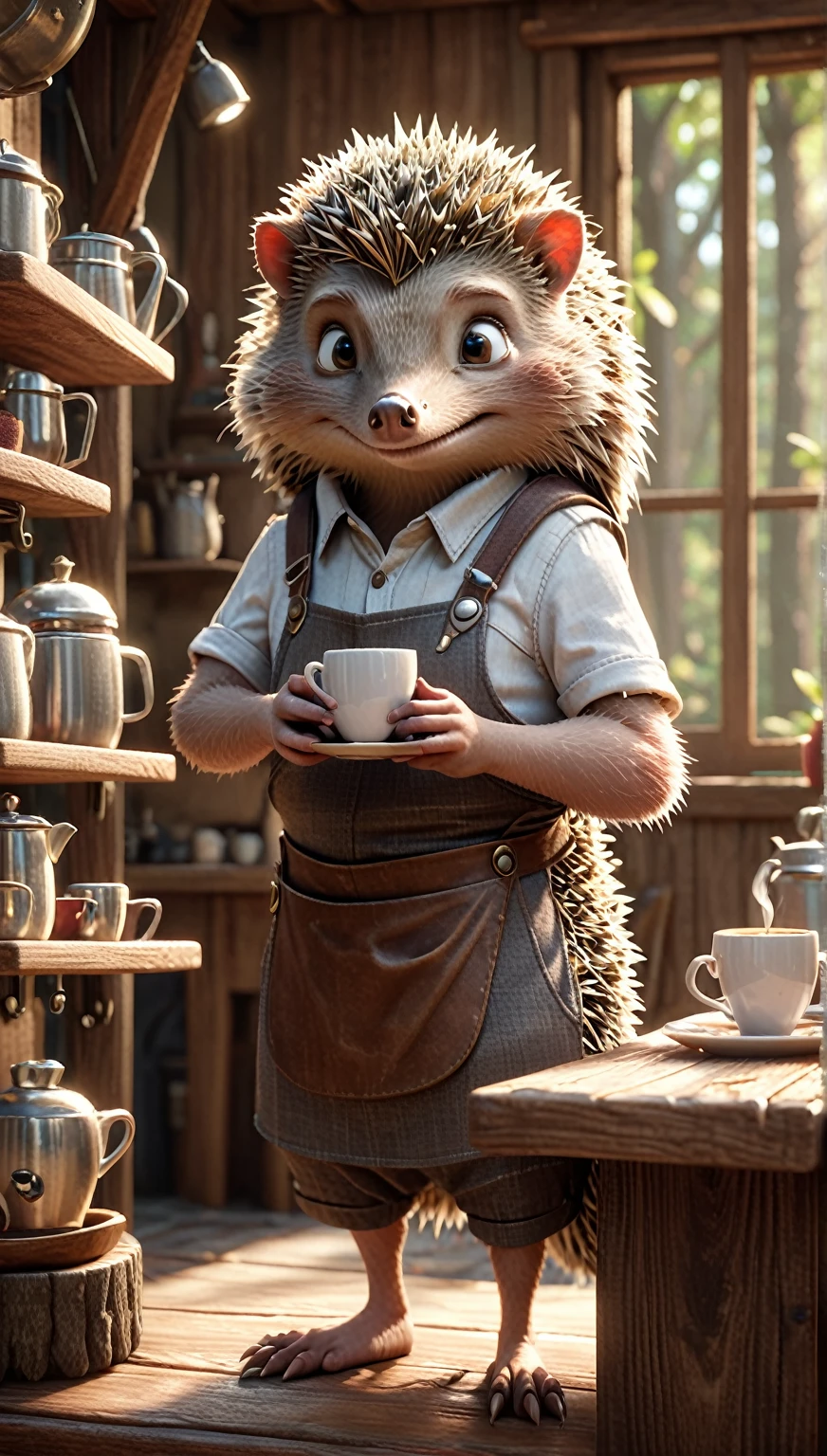 High resolution, masterpiece, Highest quality, Super detailed, Super detailed, Ultra-realistic, Pixar Rendering, unreal engine Cinematic smooth, Exquisite detail, Cinematic,A gentle hedgehog barista dressed in a mini apron, carefully pouring coffee in a cozy forest café. The café has earthy tones, decorated with small, handcrafted wooden furniture, and shelves lined with tiny cups and teapots, creating a magical woodland atmosphere.