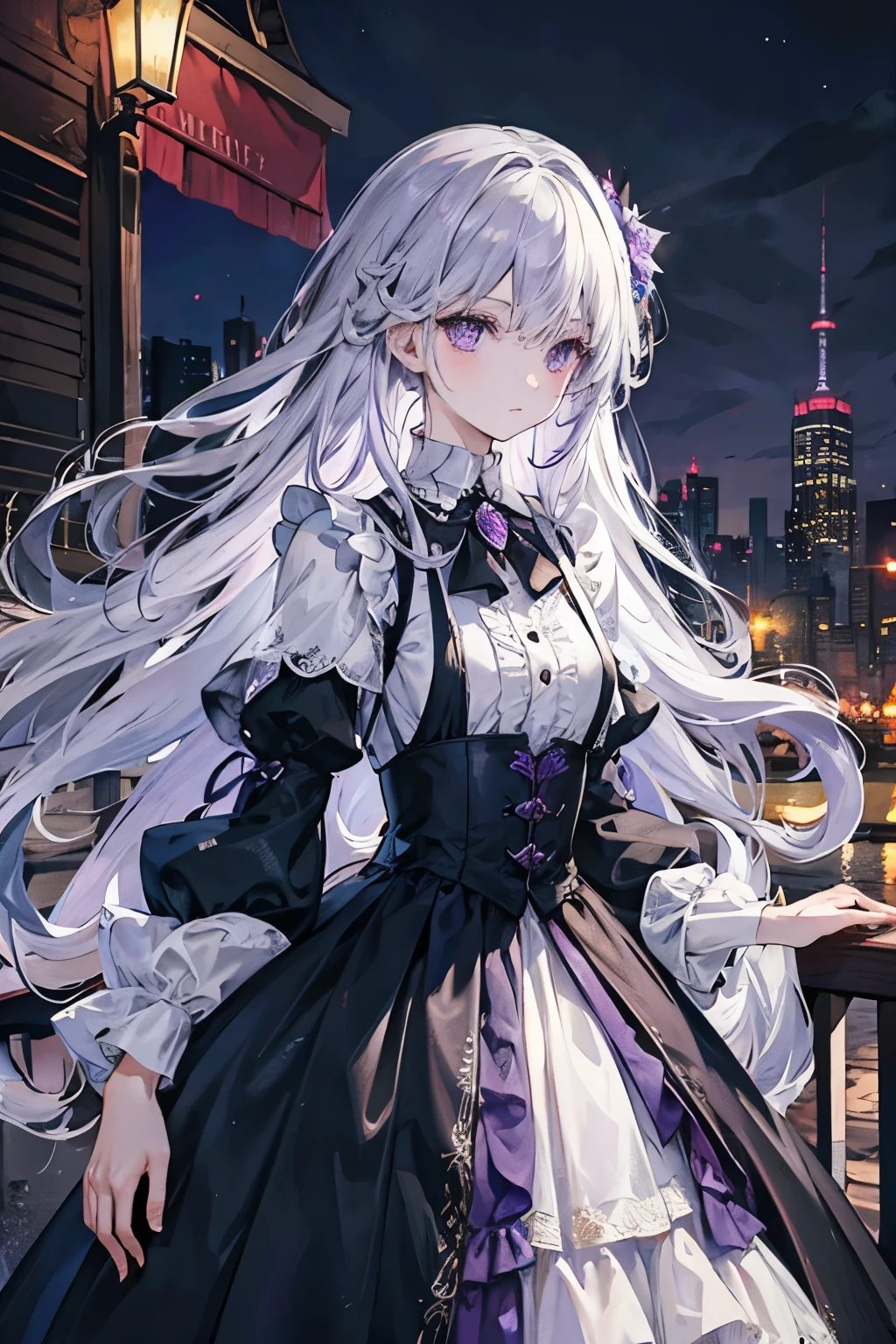 masterpiece, best quality, long hair, silver hair, purple eyes, wind, messy hair, outdoors, night, black dress,